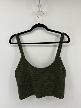Aerie Summer Nights Cropped Crochet Knit Tank Top in Olive Green